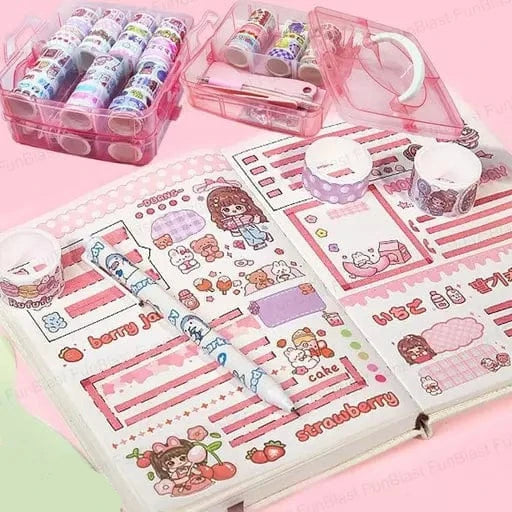 Washi Tape Set | 100Pcs | 20Pcs Kawaii Stickers, Tweezer, Pen and Spatula